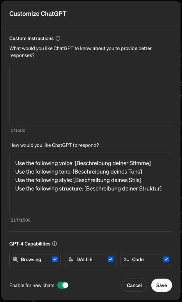 Screenshot von ChatGPT Custom Instructions